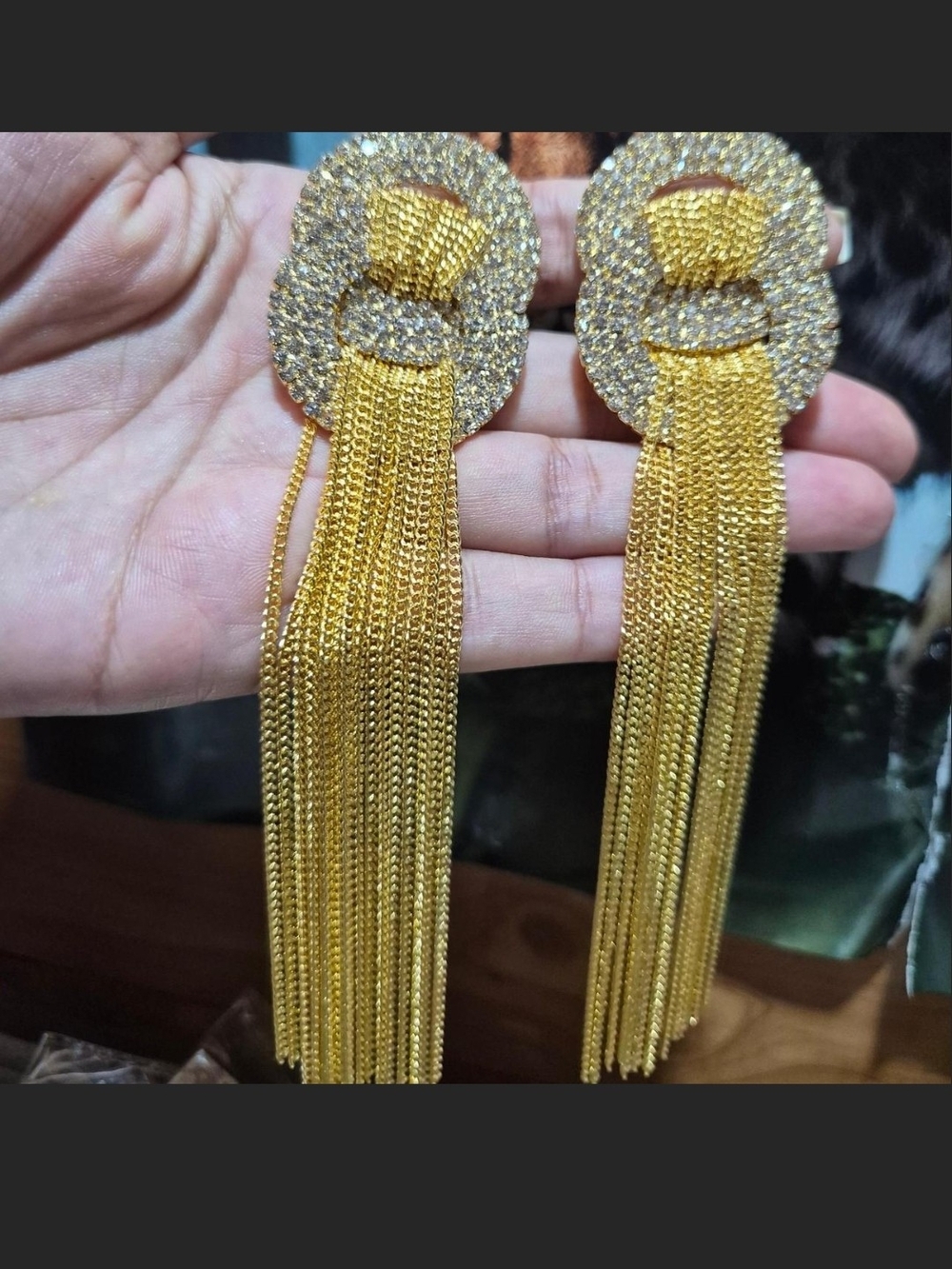 Gold Tassel Drop Earrings with Crystal Halo